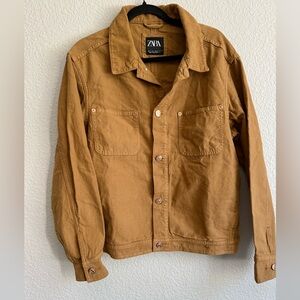 Zara small women’s denim Tan Shirt Jacket shacket with corduroy collar